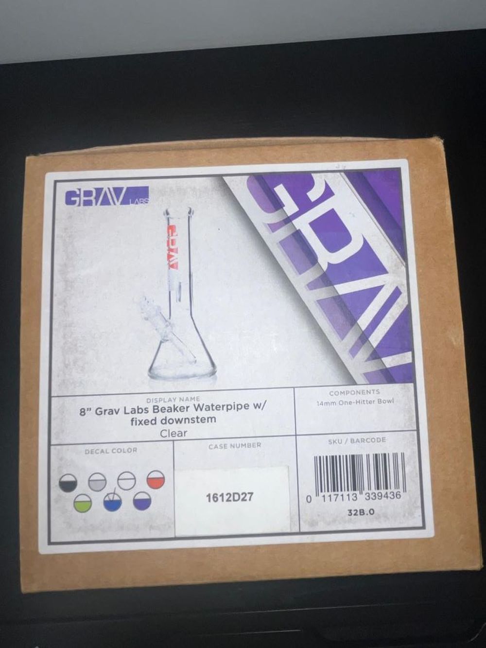 BG18379 8 Inch Beaker Bong with Fixed Downstem box label Grav Labs