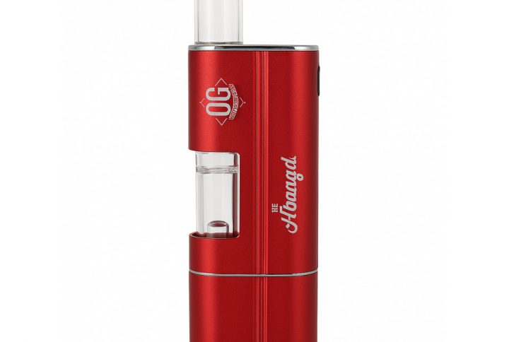 Airistech Headbanger concentrate vaporiser in red with glass water bubbler and dual Q Cell coils