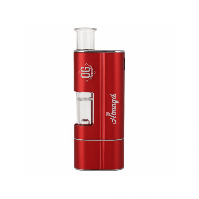 Airistech Headbanger concentrate vaporiser in red with glass water bubbler and dual Q Cell coils