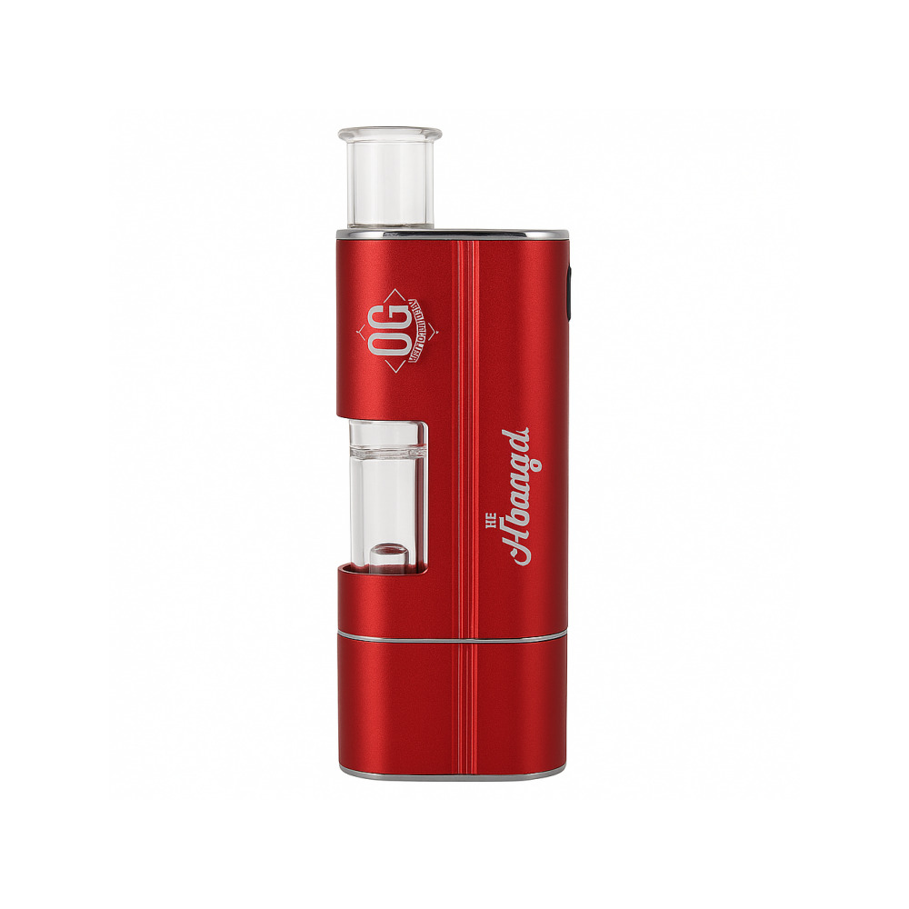 Airistech Headbanger concentrate vaporiser in red with glass water bubbler and dual Q Cell coils