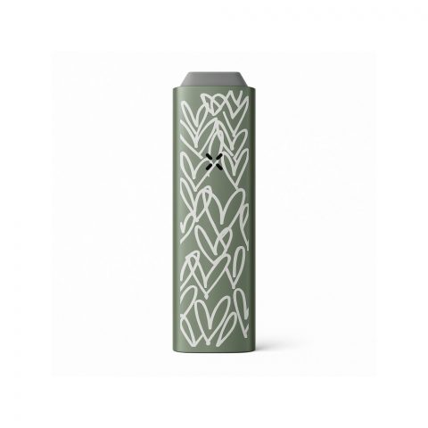 PAX Plus James Goldcrown Sage Kit with laser-engraved Hearts design, shown alongside included mouthpieces, oven lids, concentrate insert and multi-tool