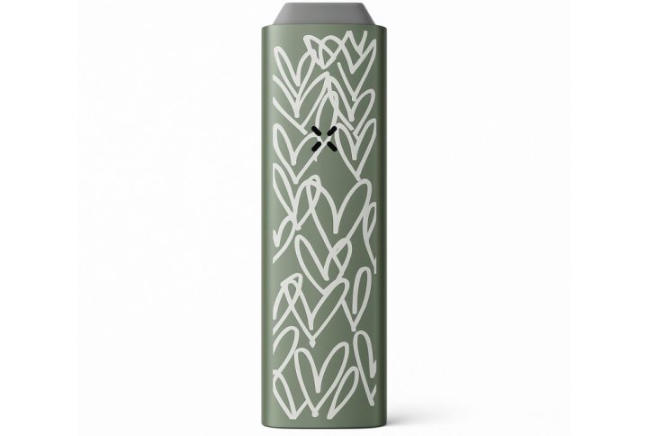PAX Plus James Goldcrown Sage Kit with laser-engraved Hearts design, shown alongside included mouthpieces, oven lids, concentrate insert and multi-tool