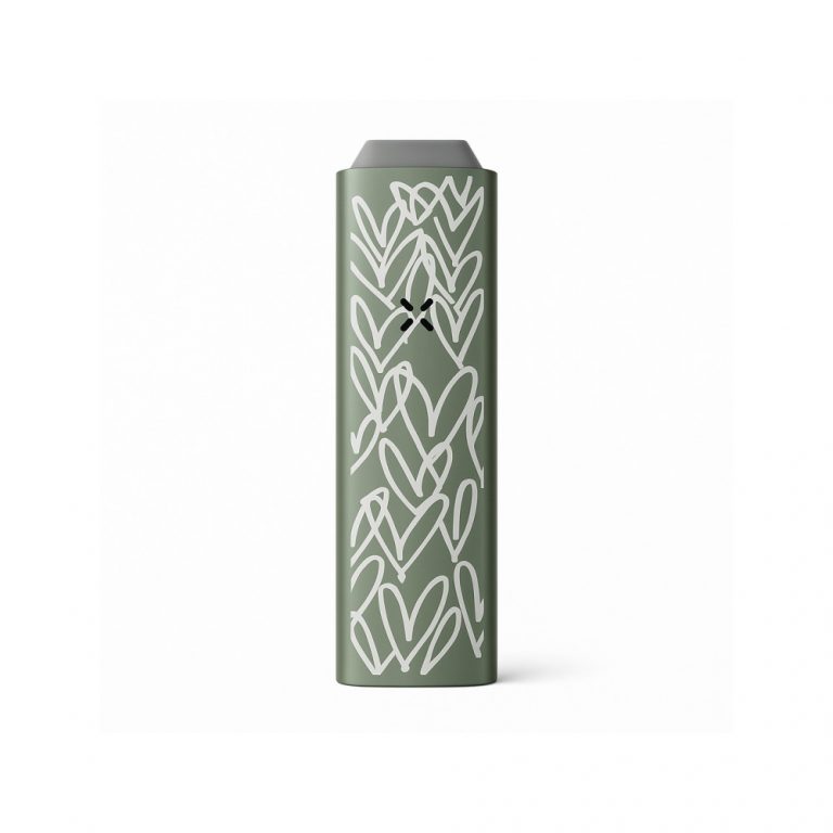 PAX Plus James Goldcrown Sage Kit with laser-engraved Hearts design, shown alongside included mouthpieces, oven lids, concentrate insert and multi-tool