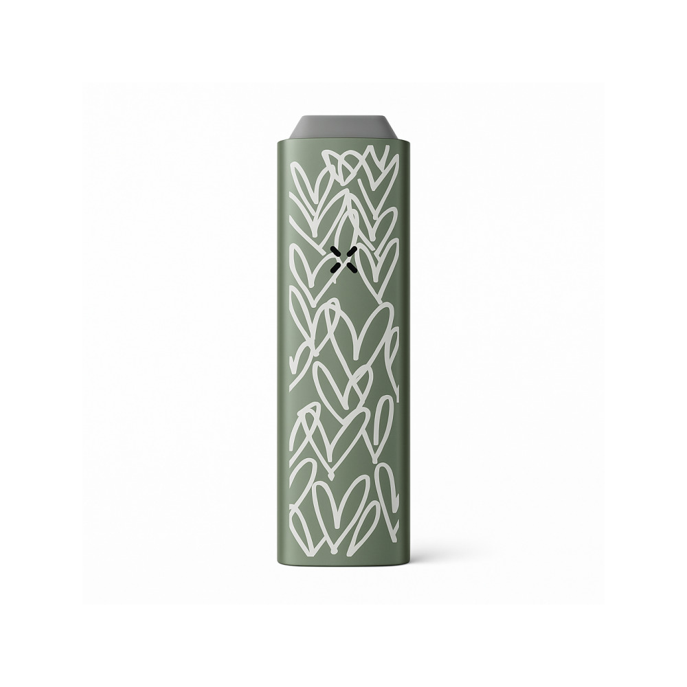 PAX Plus James Goldcrown Sage Kit with laser-engraved Hearts design, shown alongside included mouthpieces, oven lids, concentrate insert and multi-tool
