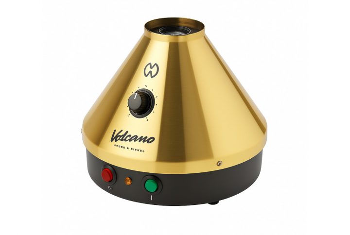 Storz and Bickel Volcano Classic Gold Edition 24-carat gold-plated desktop vaporiser with Easy Valve balloon set on white background
