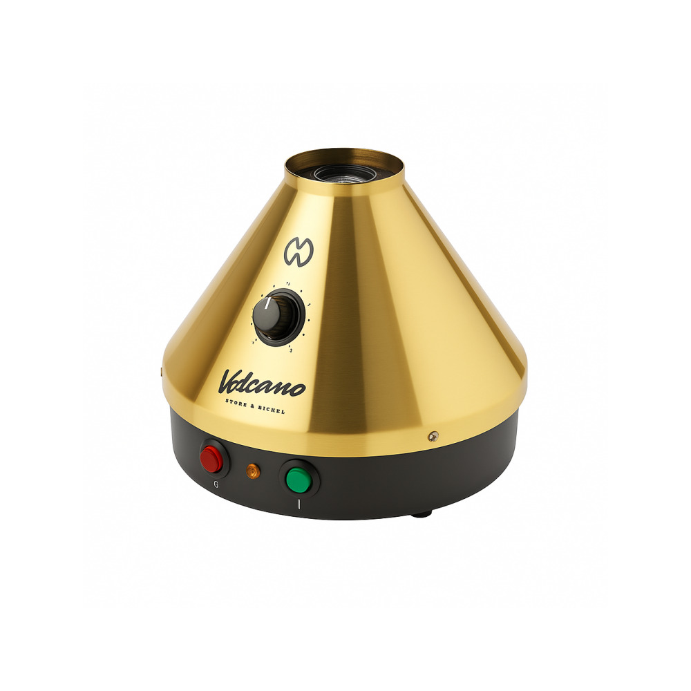 Storz and Bickel Volcano Classic Gold Edition 24-carat gold-plated desktop vaporiser with Easy Valve balloon set on white background