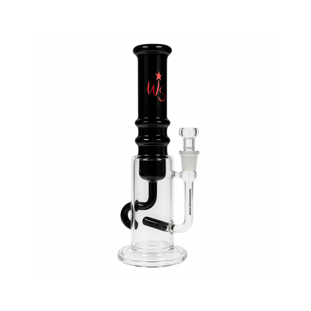 WeedStar red WS logo on black opaque glass neck tube close-up