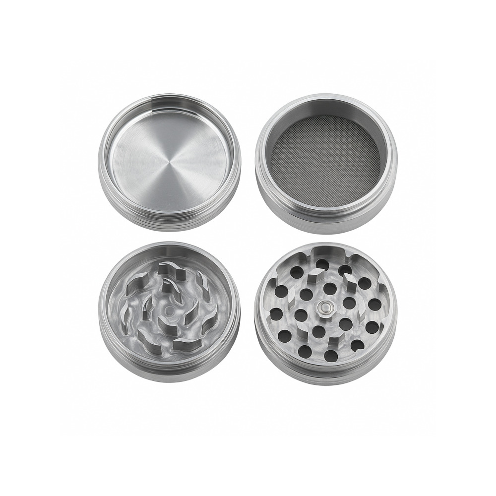 Close-up of SX4 40mm grinder teeth and pollen mesh screen inside the collection chamber