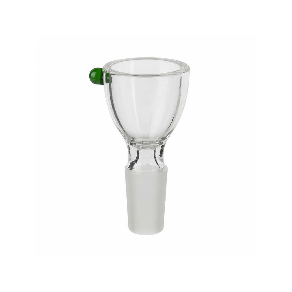 Side view showing the 14.5mm ground joint and roll stop on the Black Leaf Fly Art glass bowl
