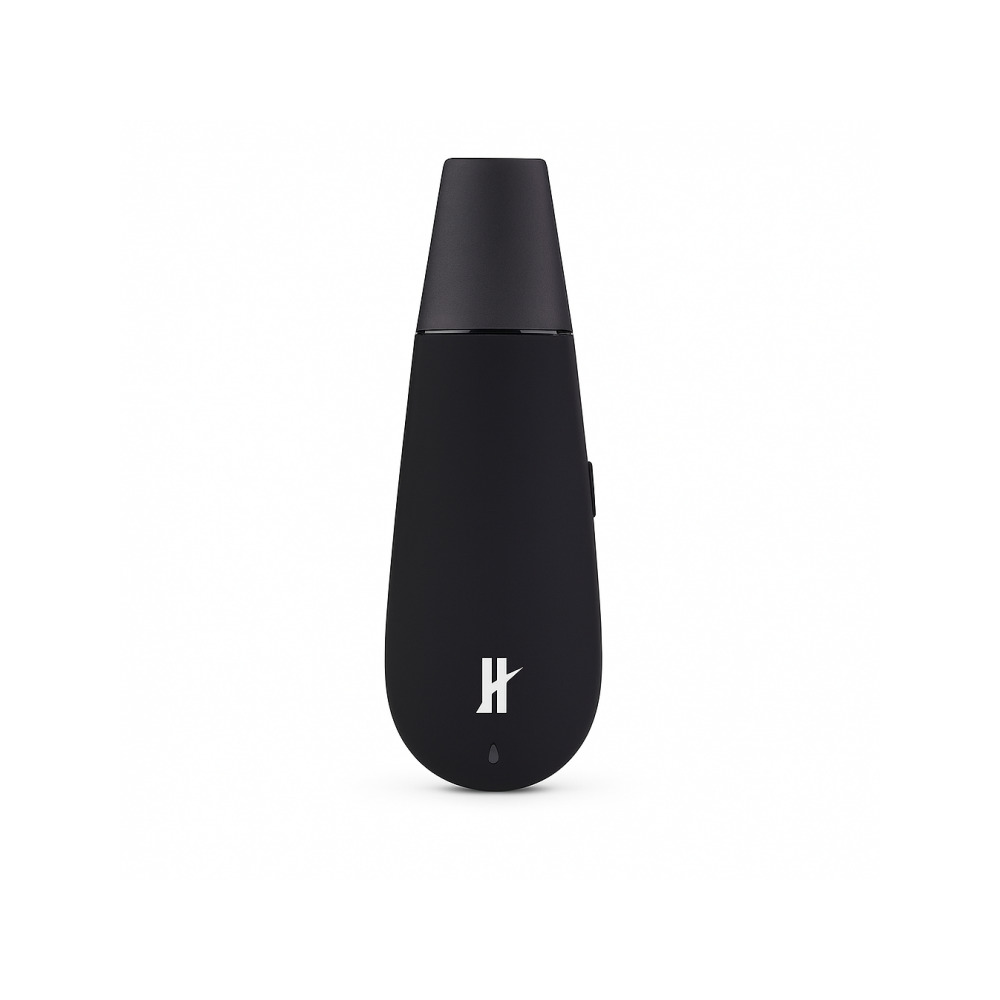 Black Mamba dry herb vaporizer with glass mouthpiece and rubber finish body shown with included accessories