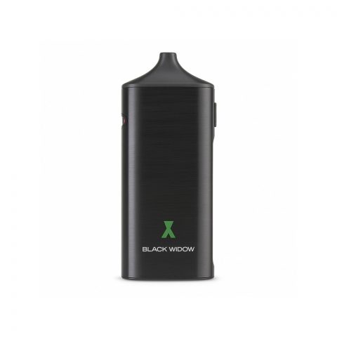 Black Widow dry herb vaporizer in black by Kingstons showing ceramic oven and stainless steel mouthpiece
