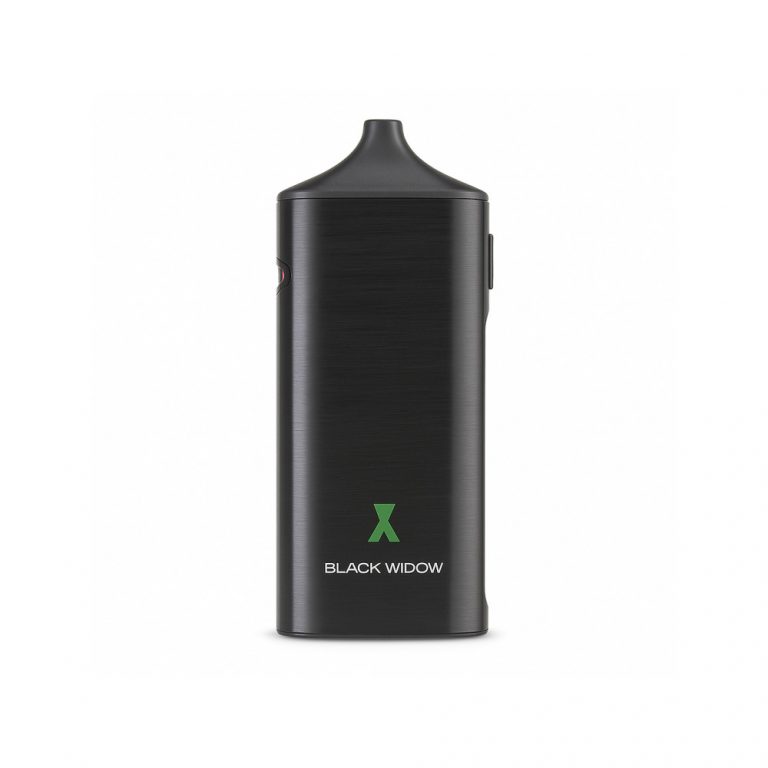 Black Widow dry herb vaporizer in black by Kingstons showing ceramic oven and stainless steel mouthpiece