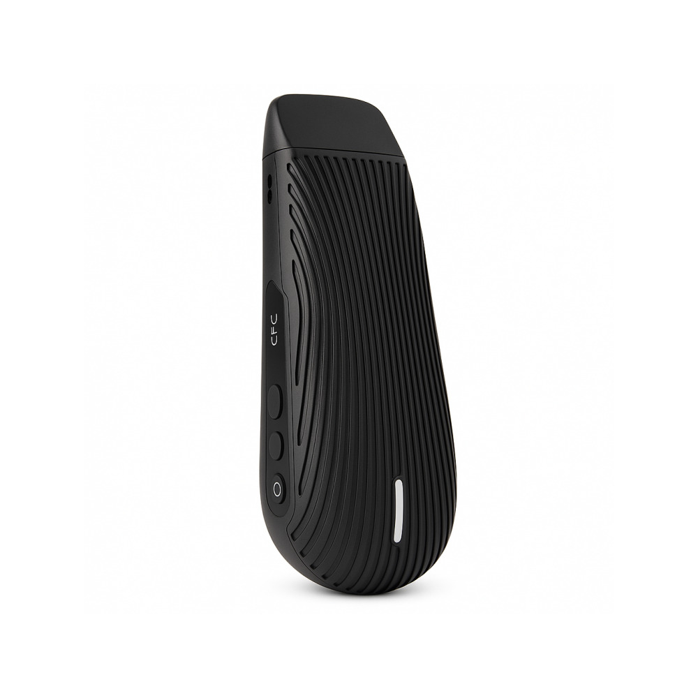 Boundless CFC portable vaporizer in black with ribbed rubber finish shown from the front