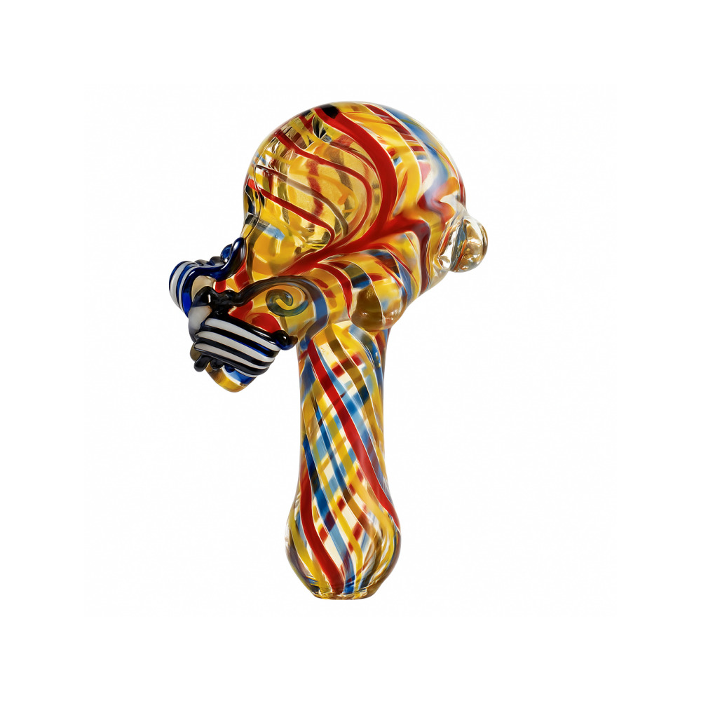 Close-up of butterfly artwork on the spoon end of the 420 glass pipe