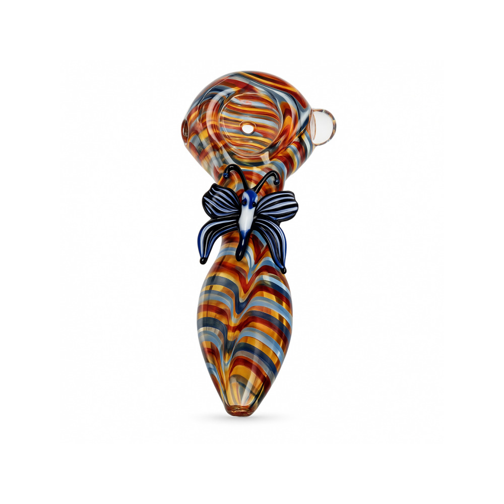 Side view of the Butterfly Spoon Pipe 420 Glass highlighting the colourful swirl pattern