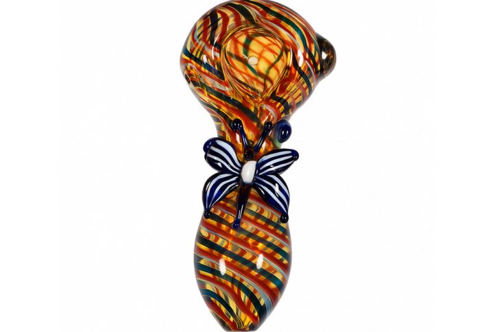 Butterfly Spoon Pipe 420 Glass showing multicolour glass effect and butterfly bowl design
