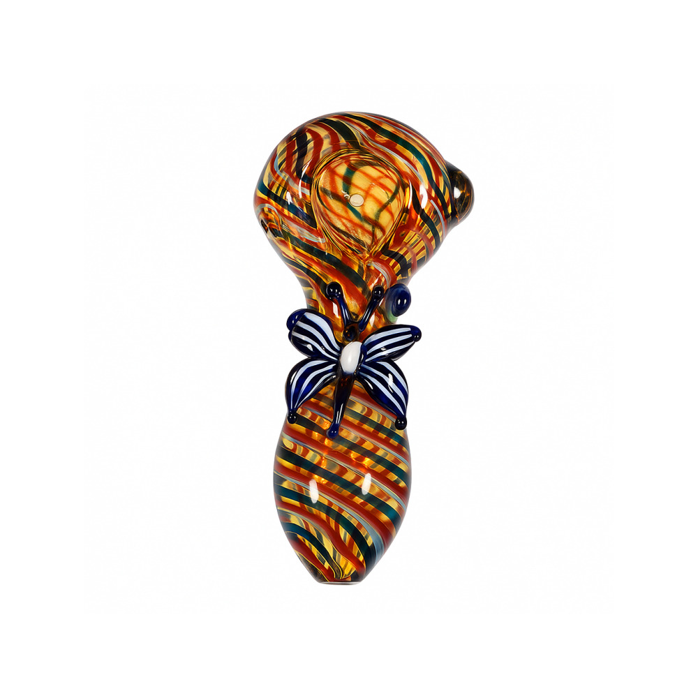 Butterfly Spoon Pipe 420 Glass showing multicolour glass effect and butterfly bowl design