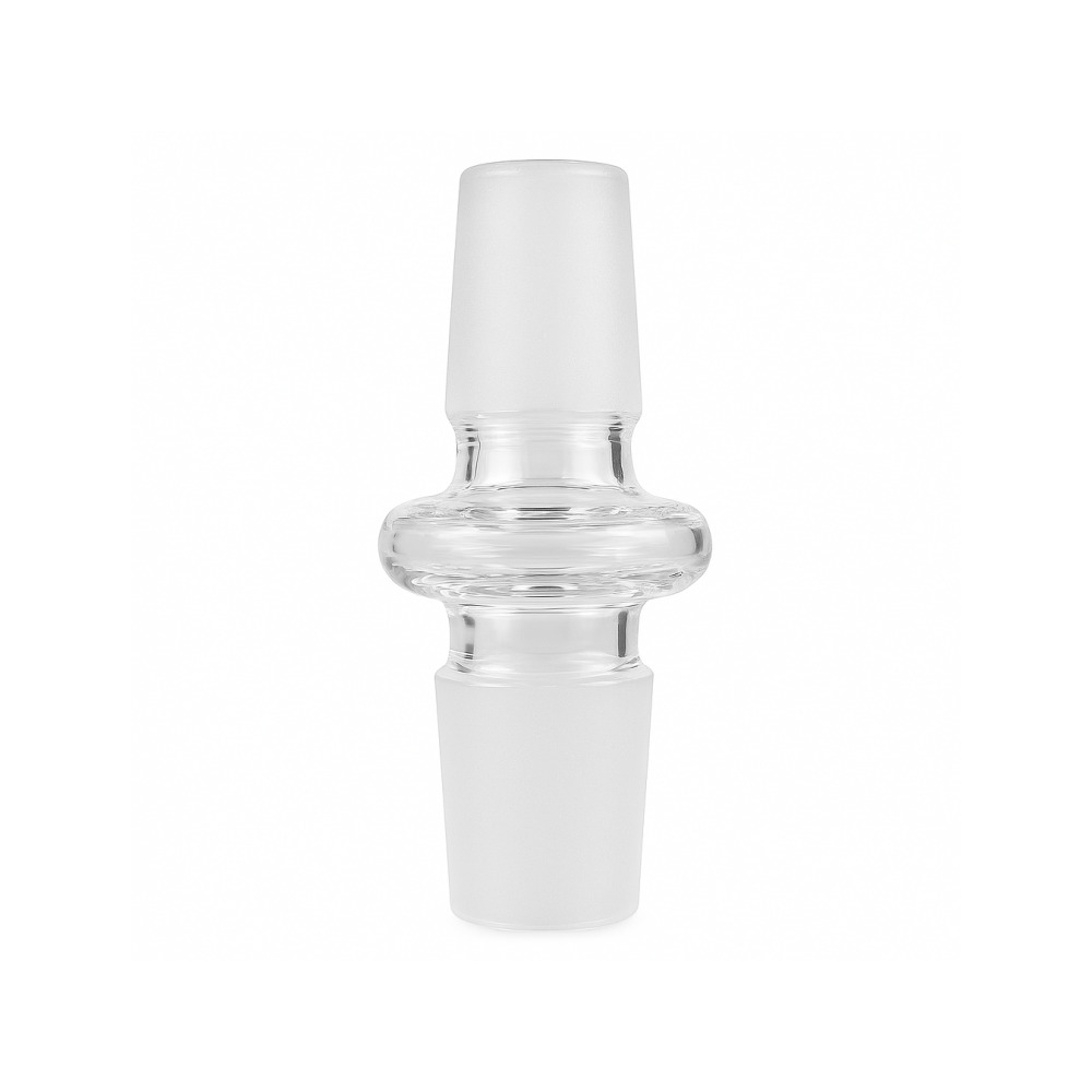 Clear borosilicate glass adapter with 18.8mm male to male joints for bong conversion