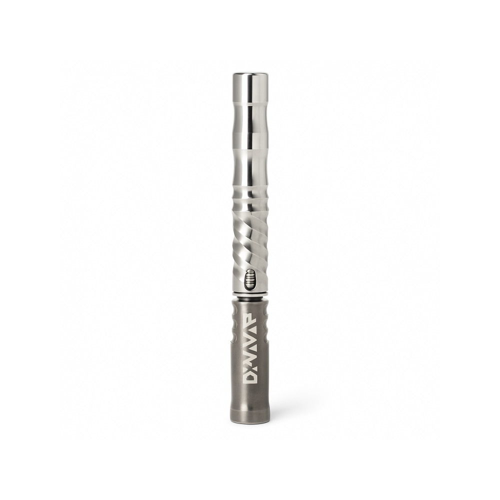 Close-up of the DynaVap M medical-grade stainless steel vaporiser with Captive Cap and Walnut DynaStash case