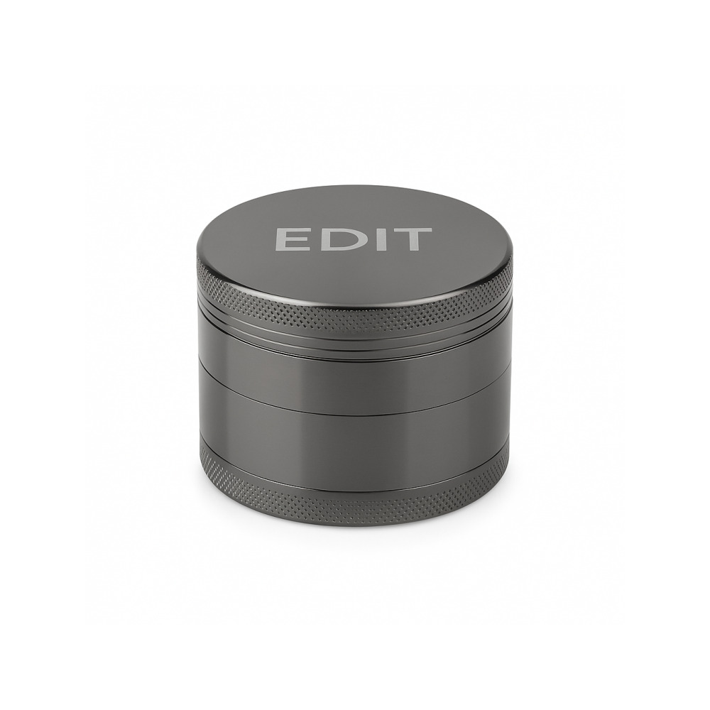 EDIT gunmetal grinder sifter assembled with denim-style carry case on a flat surface