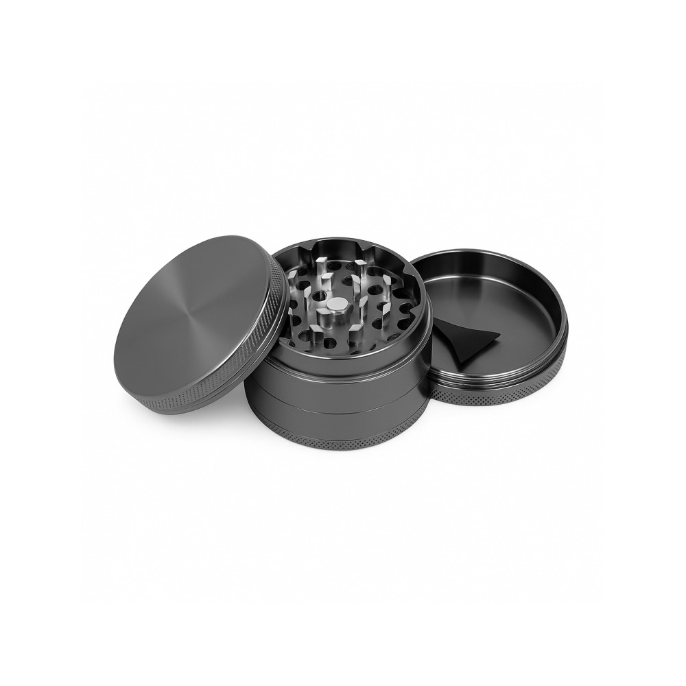 EDIT 2.5 inch gunmetal grinder shown from above displaying logo and threading detail