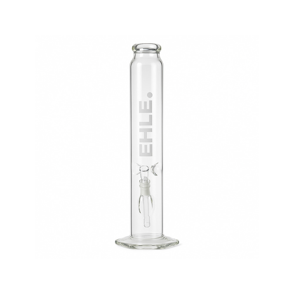 Close-up of EHLE sandblasted logo on 5mm borosilicate glass tube