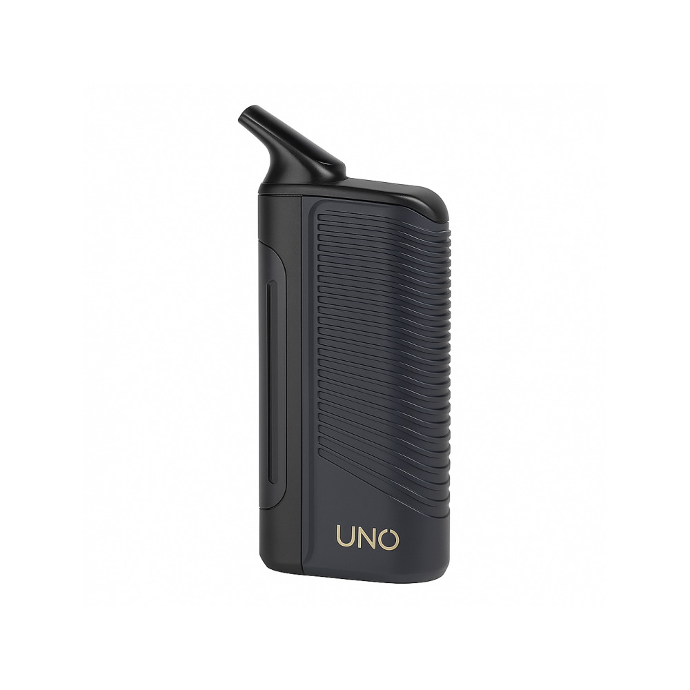 Flowermate UNO vaporizer kit showing water pipe adapter, charging dock, cleaning brush and all included accessories