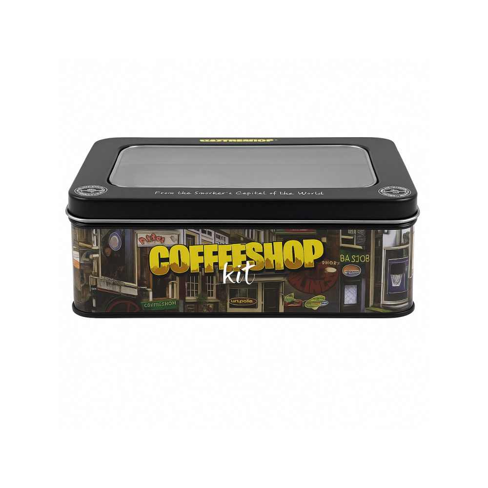 Futurola 70mm black herb grinder from the coffee shop kit shown open on a flat surface
