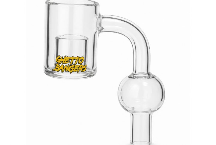 Ghetto Banger double wall quartz banger 14mm female joint with bubble carb cap on white background