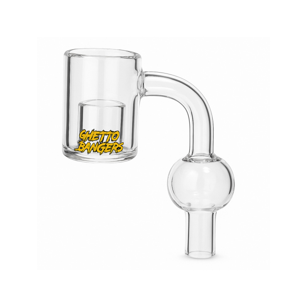 Ghetto Banger double wall quartz banger 14mm female joint with bubble carb cap on white background