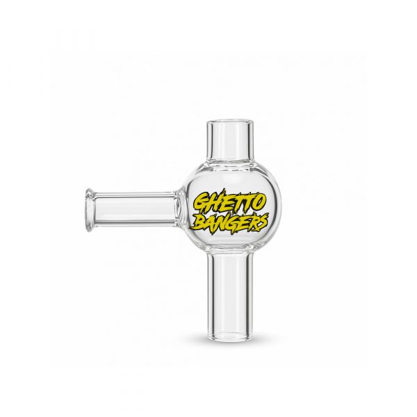 Ghetto Banger double wall quartz banger 18mm female joint with bubble carb cap on white background