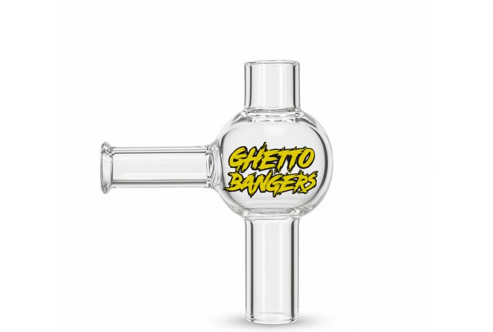 Ghetto Banger double wall quartz banger 18mm female joint with bubble carb cap on white background