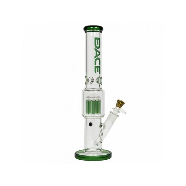 Close-up of the 11-arm slitted tree percolator on the Grace Glass cylinder bong in green