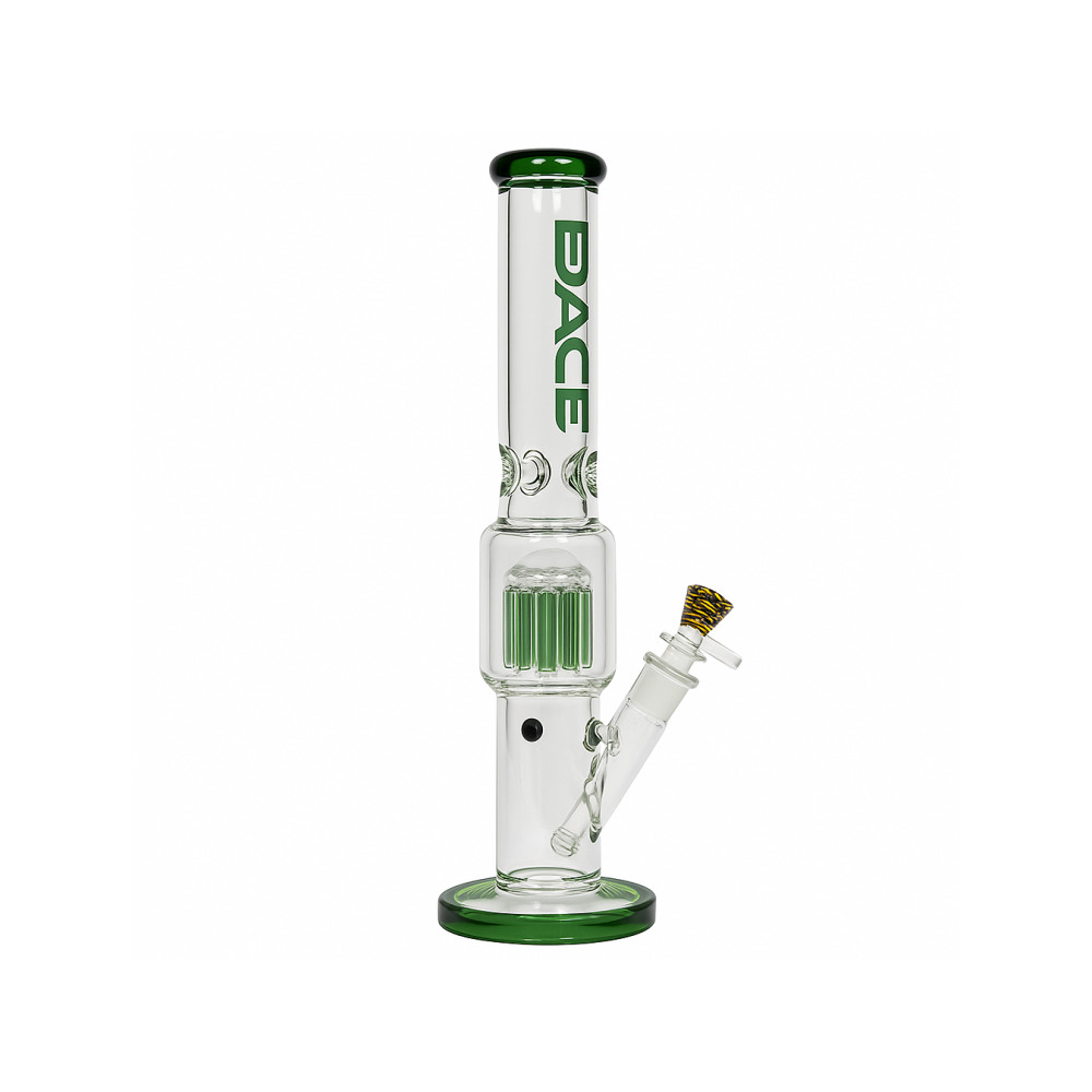 Close-up of the 11-arm slitted tree percolator on the Grace Glass cylinder bong in green