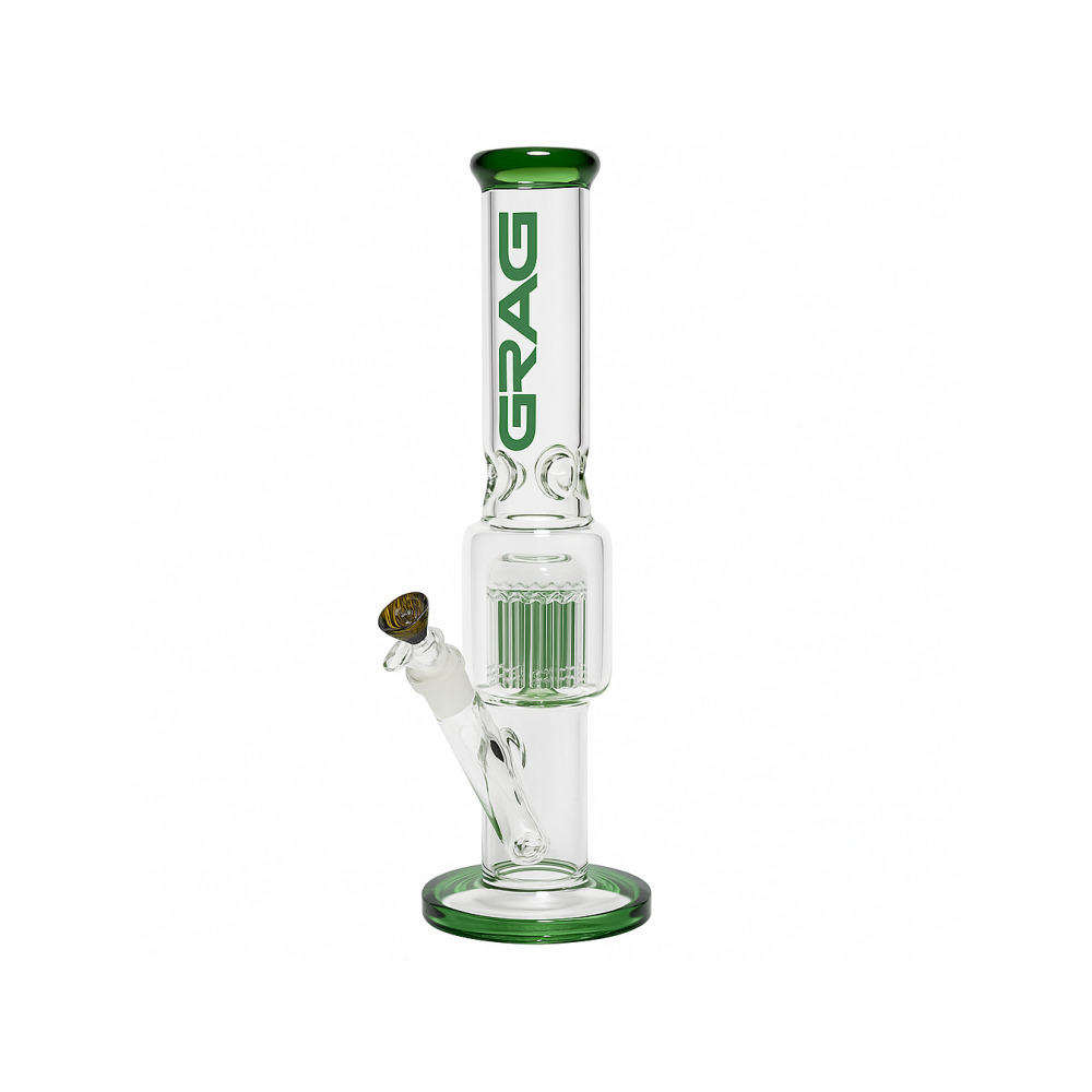 Full-length side view of the Grace Glass green cylinder percolator bong showing coloured accents