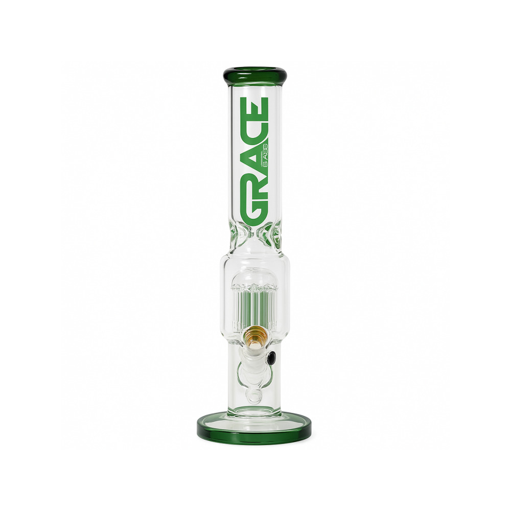 Grace Glass GG logo in green on the cylinder bong tube
