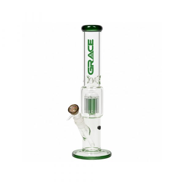 Grace Glass 11 arm tree perc bong in green standing 50cm tall on white background