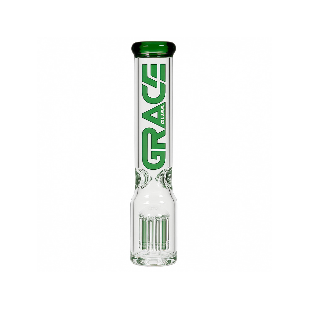 Mouthpiece end of the Grace Glass green tree perc bong showing coloured glass accents
