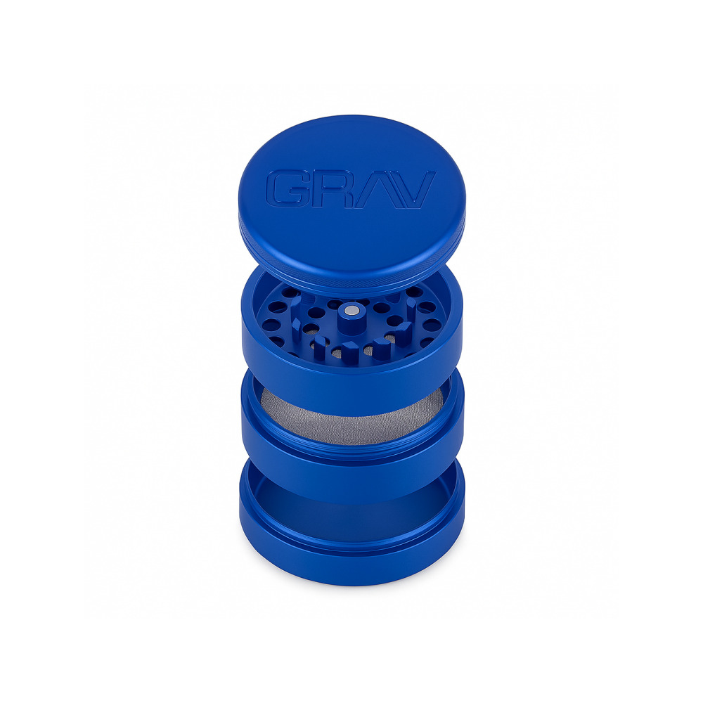 Grav Labs 4 piece grinder blue top view showing precision-cut grinding teeth