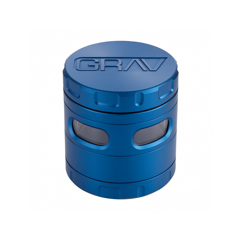 Grav Labs blue grinder fully assembled showing anodised finish and magnetic closure