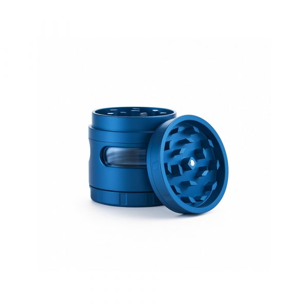Grav Labs 4 piece blue anodised aluminium herb grinder disassembled showing all four chambers