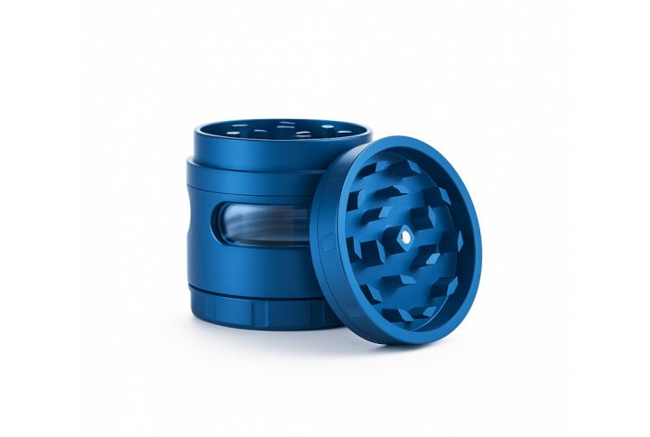 Grav Labs 4 piece blue anodised aluminium herb grinder disassembled showing all four chambers