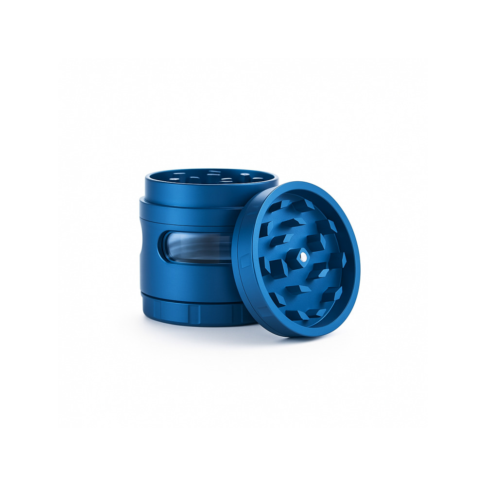Grav Labs 4 piece blue anodised aluminium herb grinder disassembled showing all four chambers