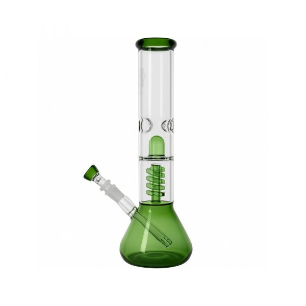 Close-up of the twin spiral coil percolator on the Edit Collection green beaker bong