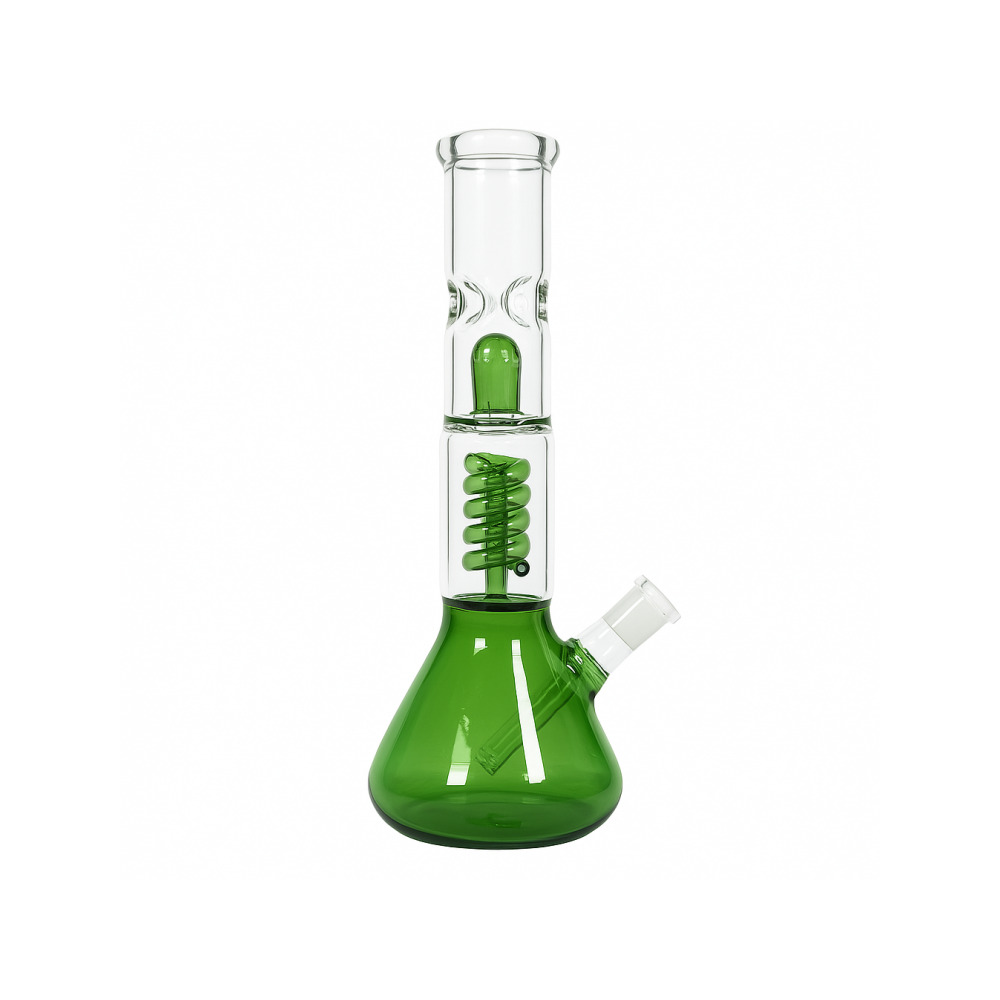 Full-length view of the green borosilicate glass beaker bong with spiral perc