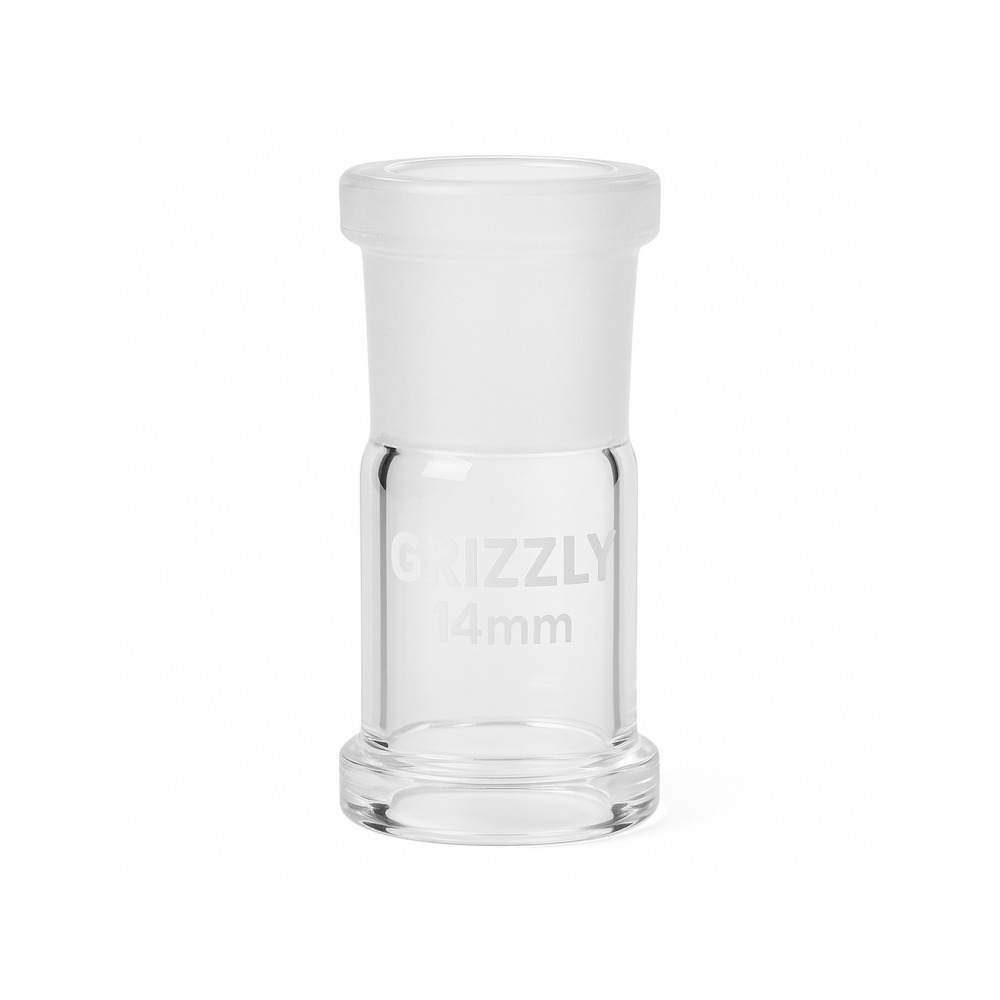 Side view of the straight clear glass Grizzly Originals 14mm adapter