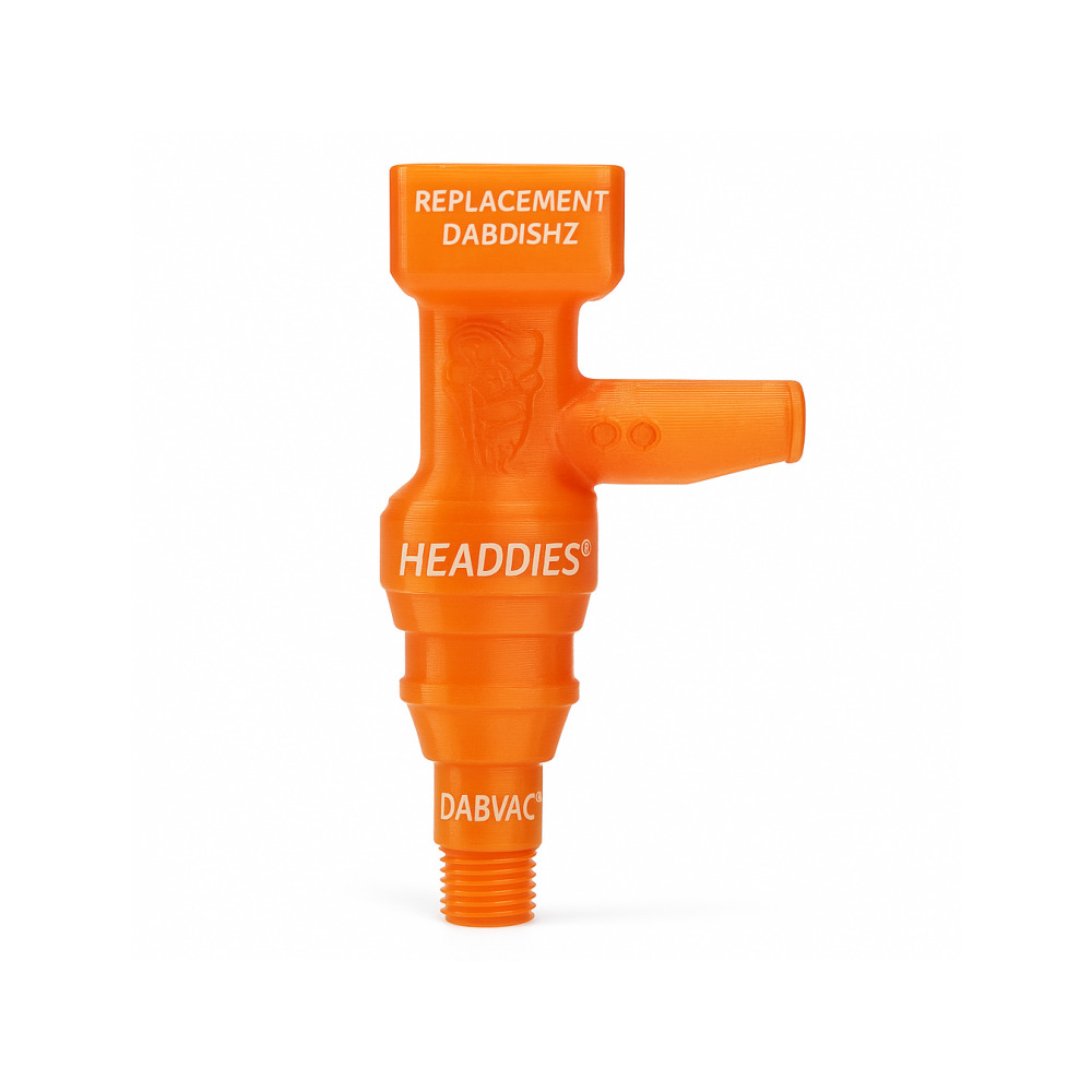 Headdies Dab Vac orange adapter with glass concentrate dish on top of joint