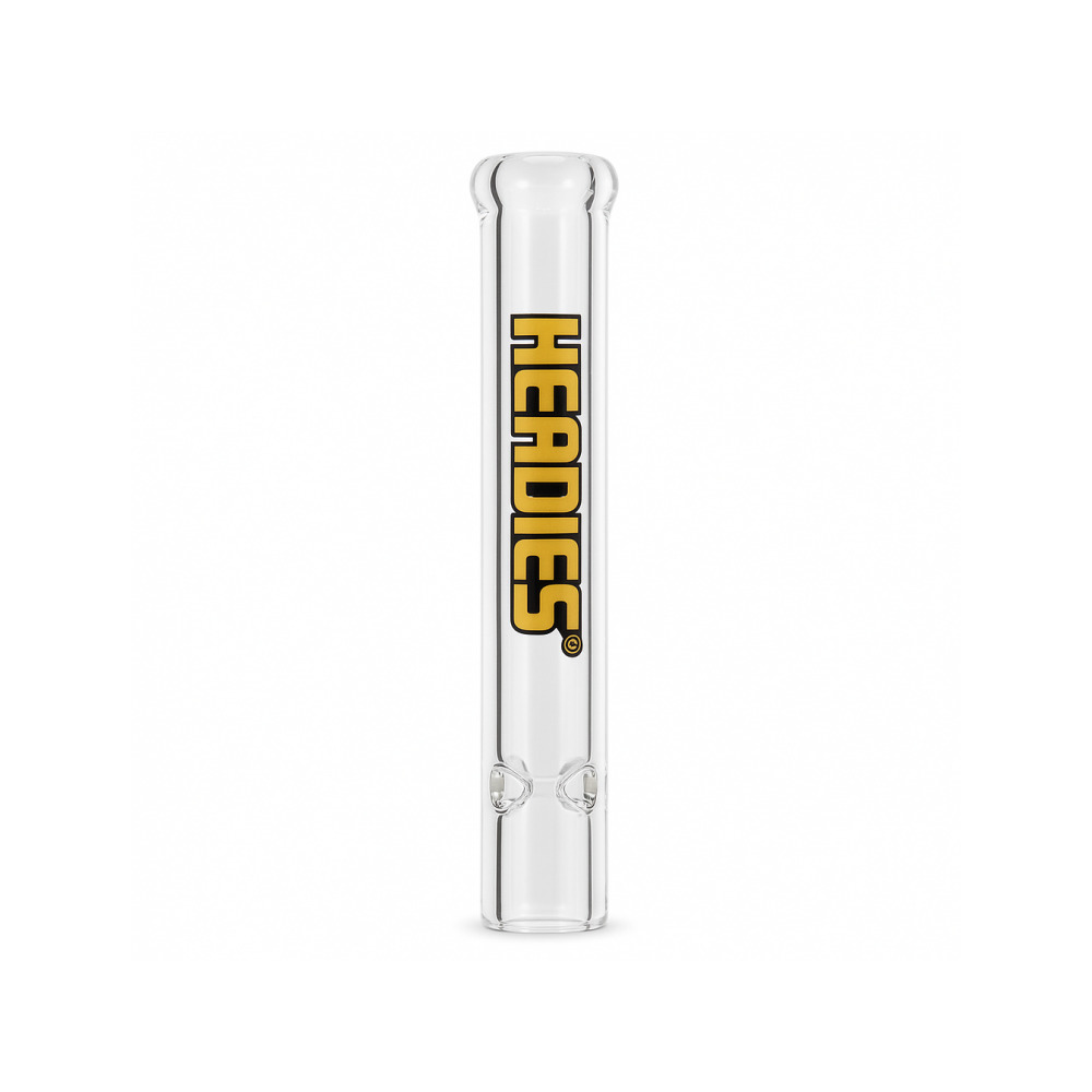 Side view of Headdies Steamroller pipe showing end carb hole and gold Headdies branding