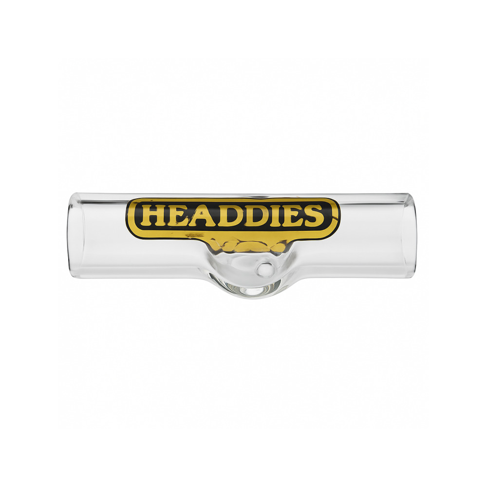Close-up of the gold printed Headdies logo on the steamroller glass pipe