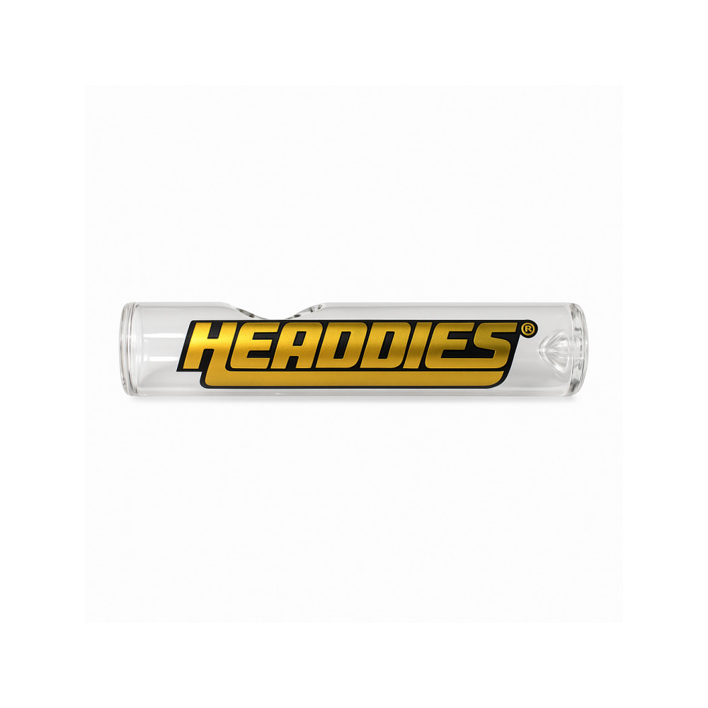 Headdies Gold Steamroller pipe 6 inch with bold gold logo on clear glass body